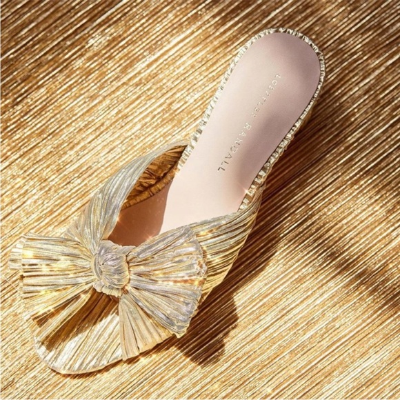 $395 Loeffler Randall Emilia Penny slides mules Gold pleated knot bow 5.5 - Picture 8 of 8